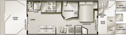 pontoon house boat floor plan, showing the typical design layout.