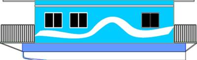 Plans and a simple drawing of a pontoon houseboat.